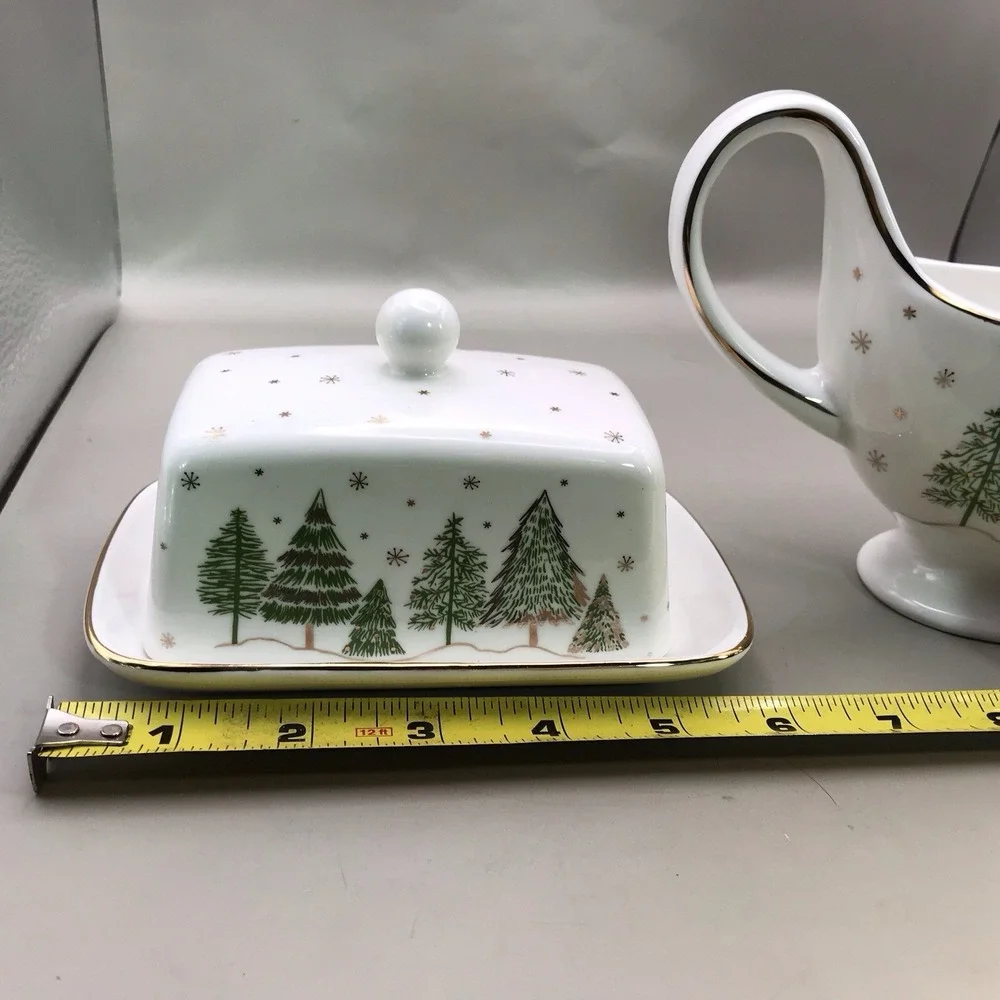 Grace Teaware Porcelain Butter Dish And Gravy Boat Trees And Snow And Gold Trim - Picture 13 of 16